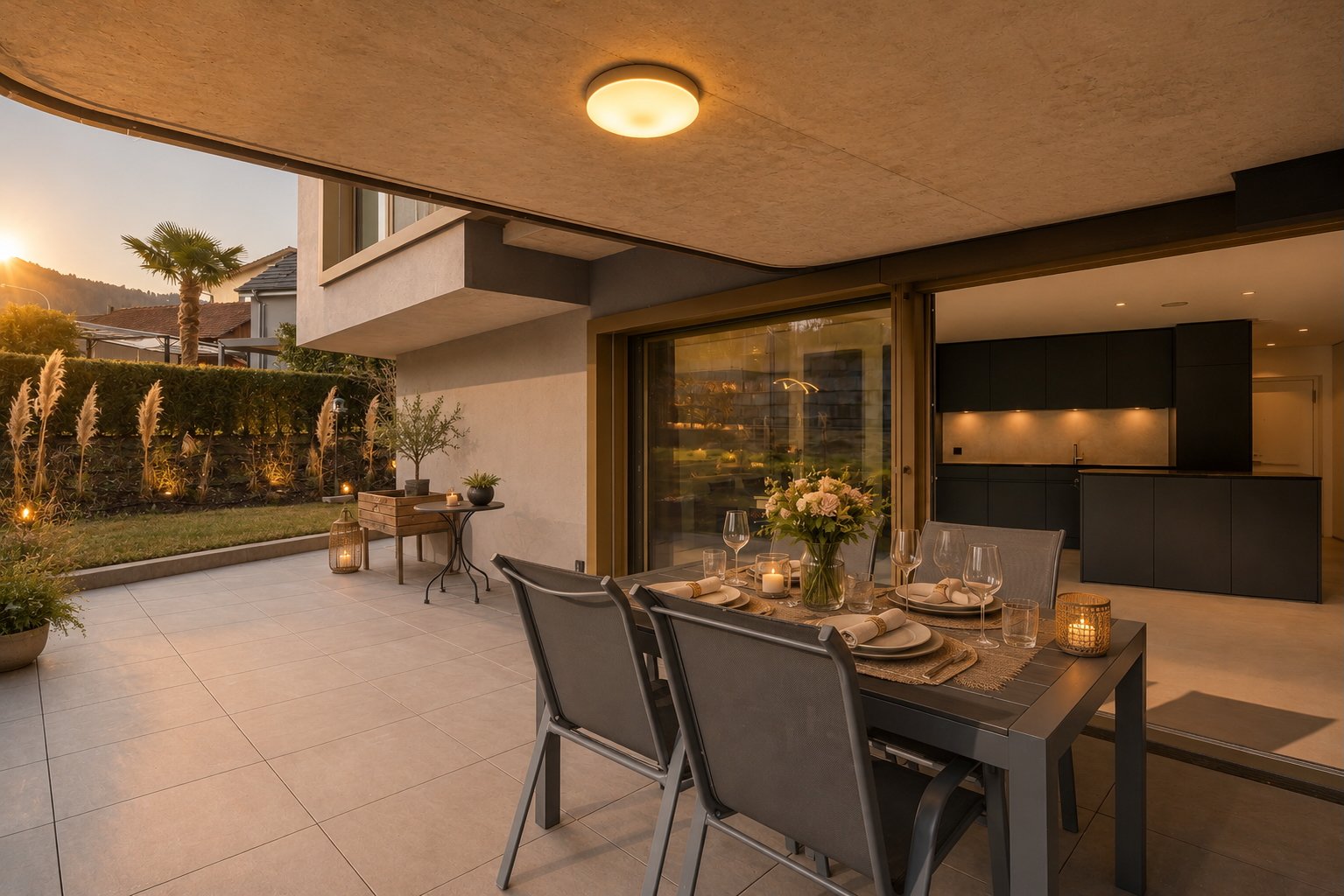 Überdachte Terrasse mit offener Küche im Innenraum