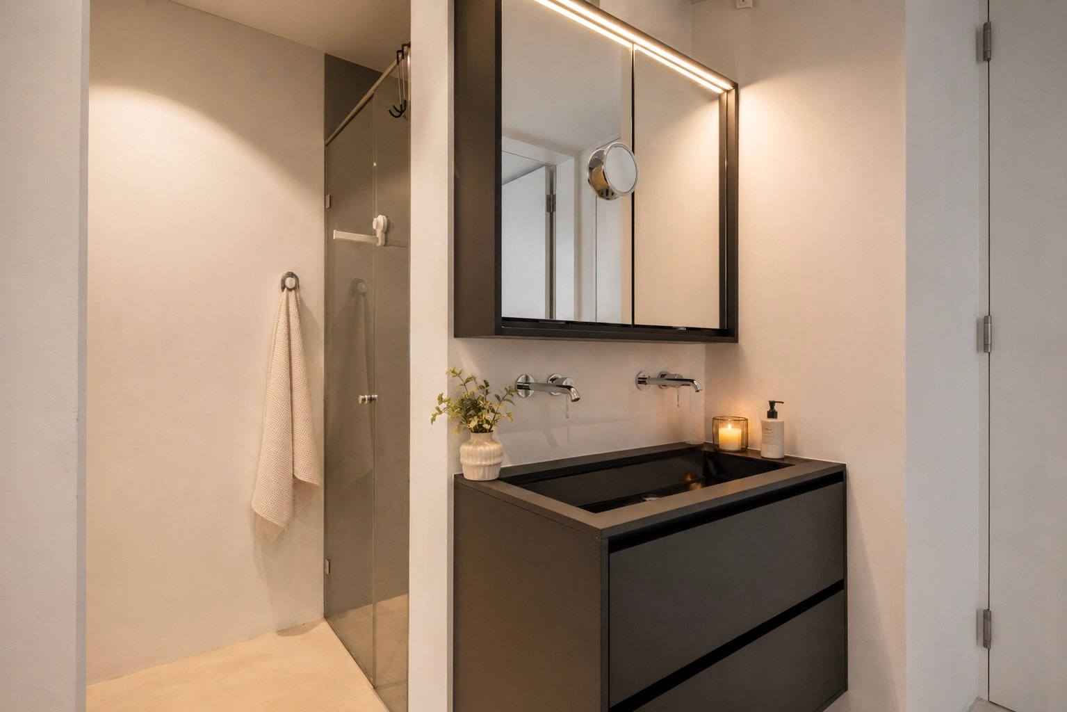 Modernes Badezimmer mit schwarzem Waschtisch und Dusche