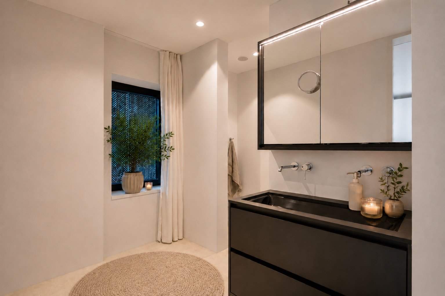 Modernes Badezimmer mit dunklem Waschtisch