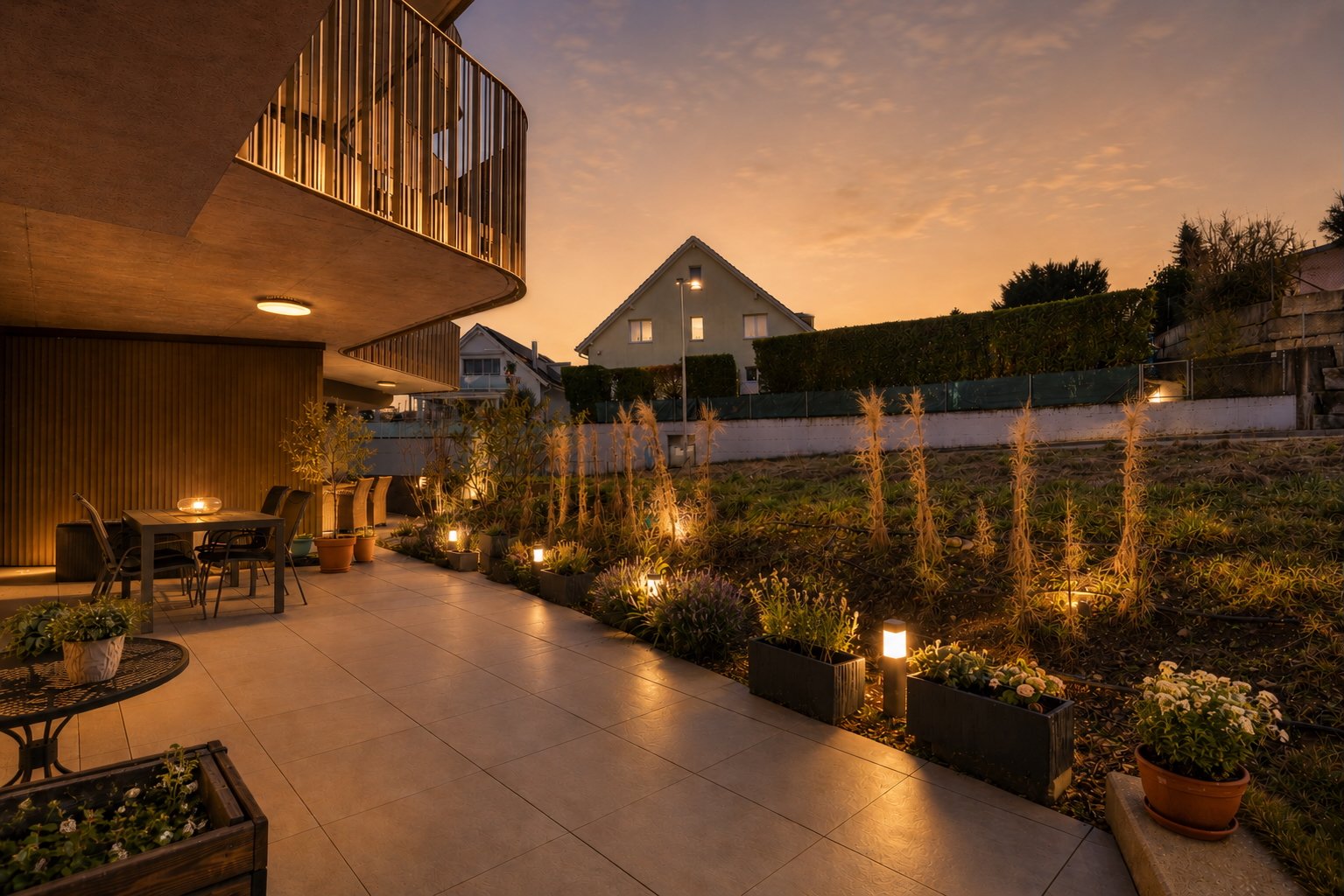 Moderne Terrasse bei Sonnenuntergang