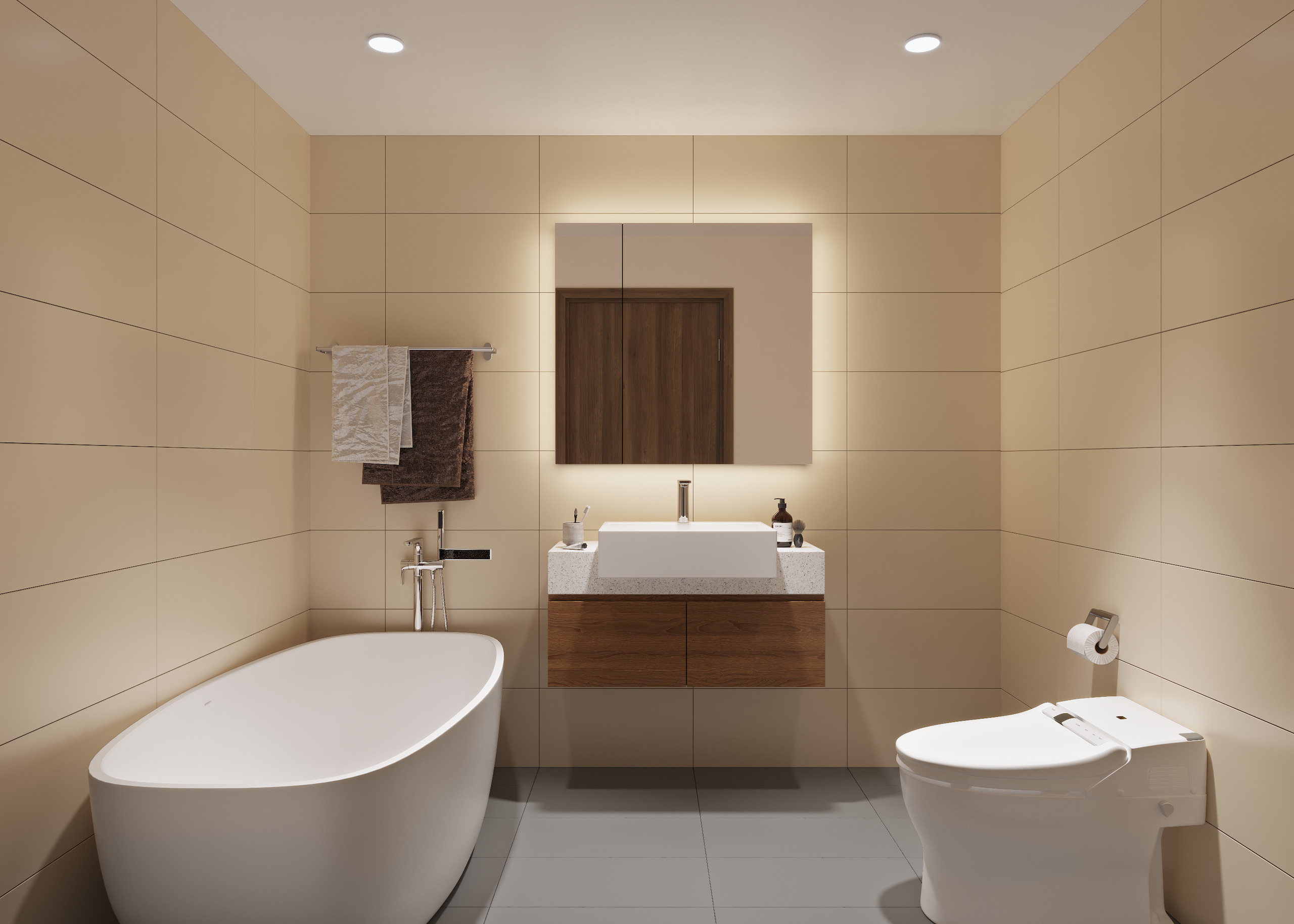 Modernes Badezimmer mit Badewanne, Waschtisch und WC