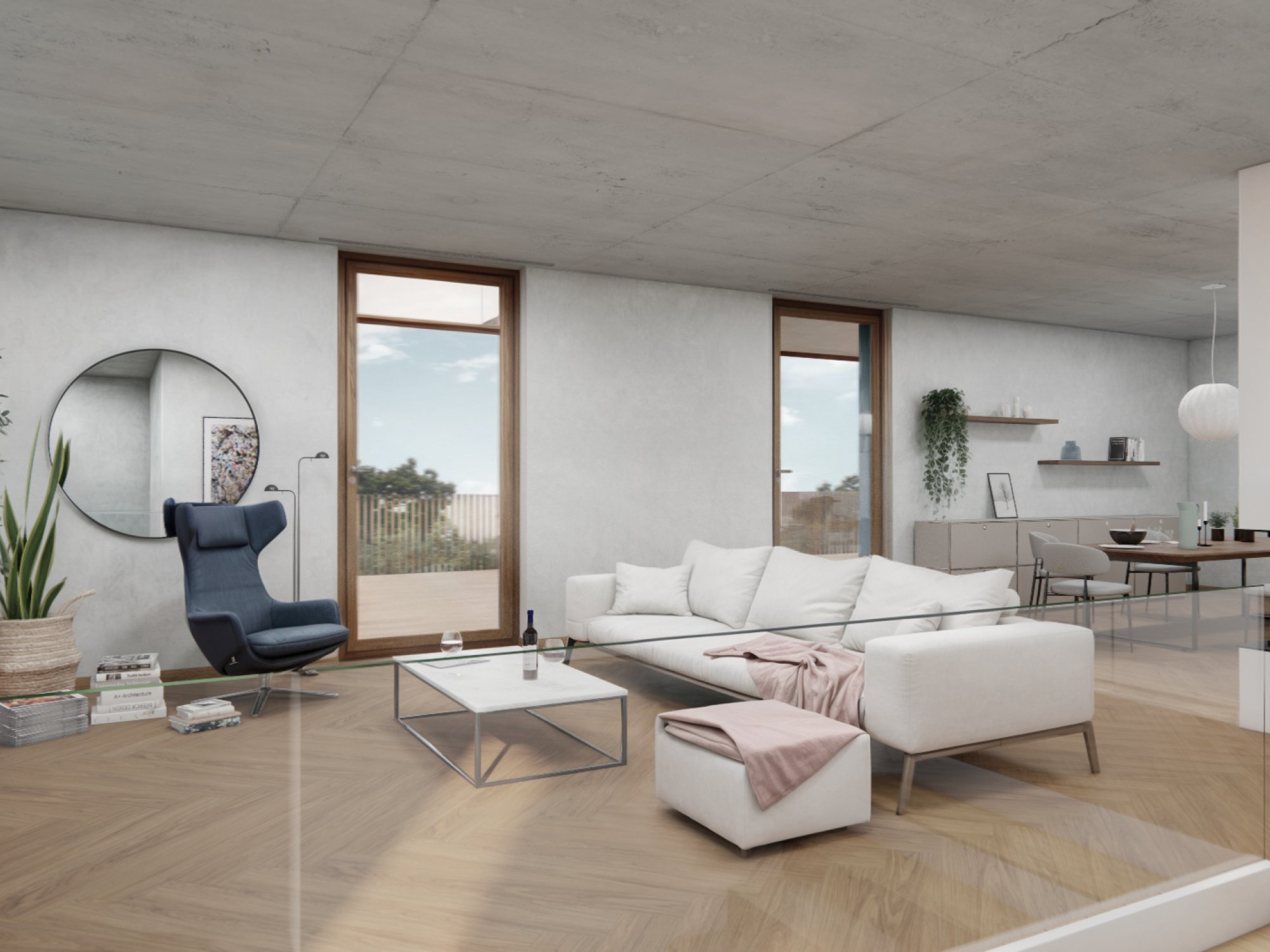 Modernes Wohn-Esszimmer mit großer Fensterfront