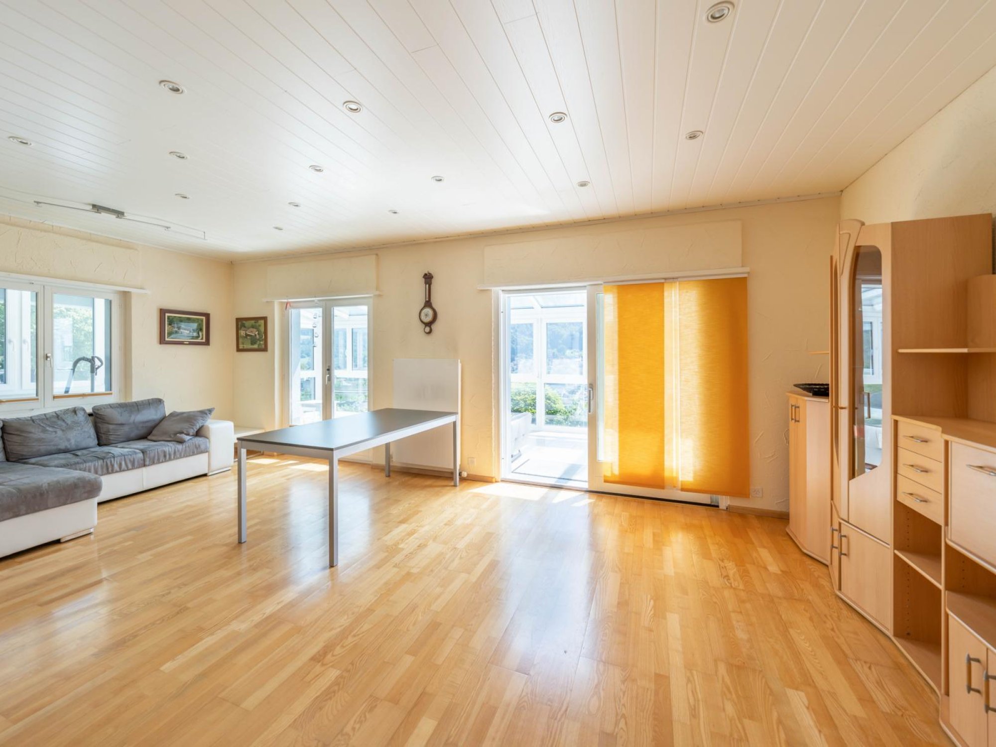 Heller Wohnraum mit Holzfußboden und großen Fenstern
