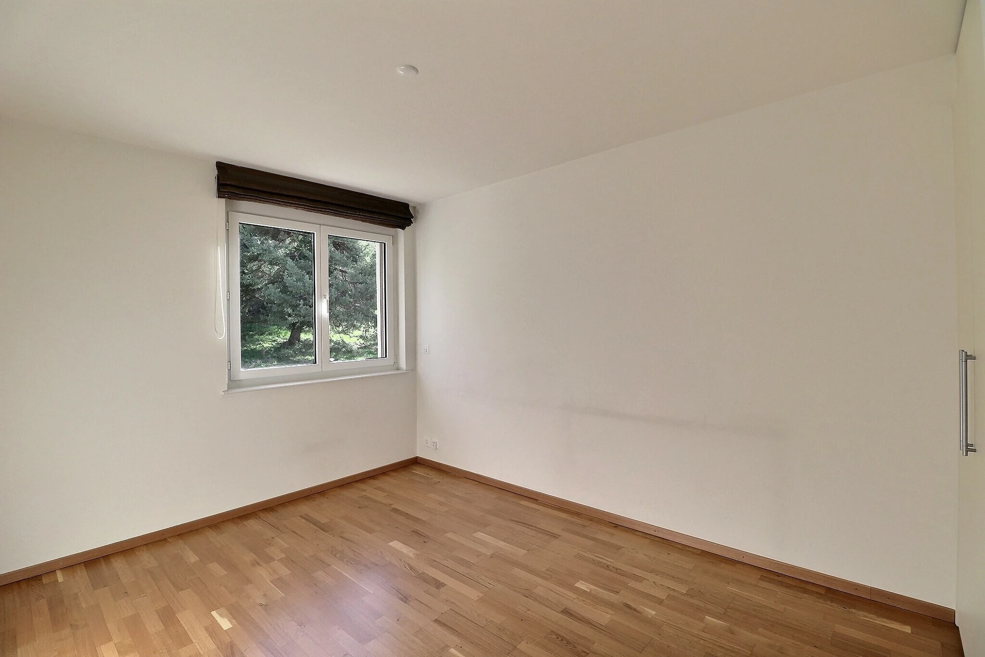Leerer, heller Raum mit Holzparkett und Fensterblick ins Grüne