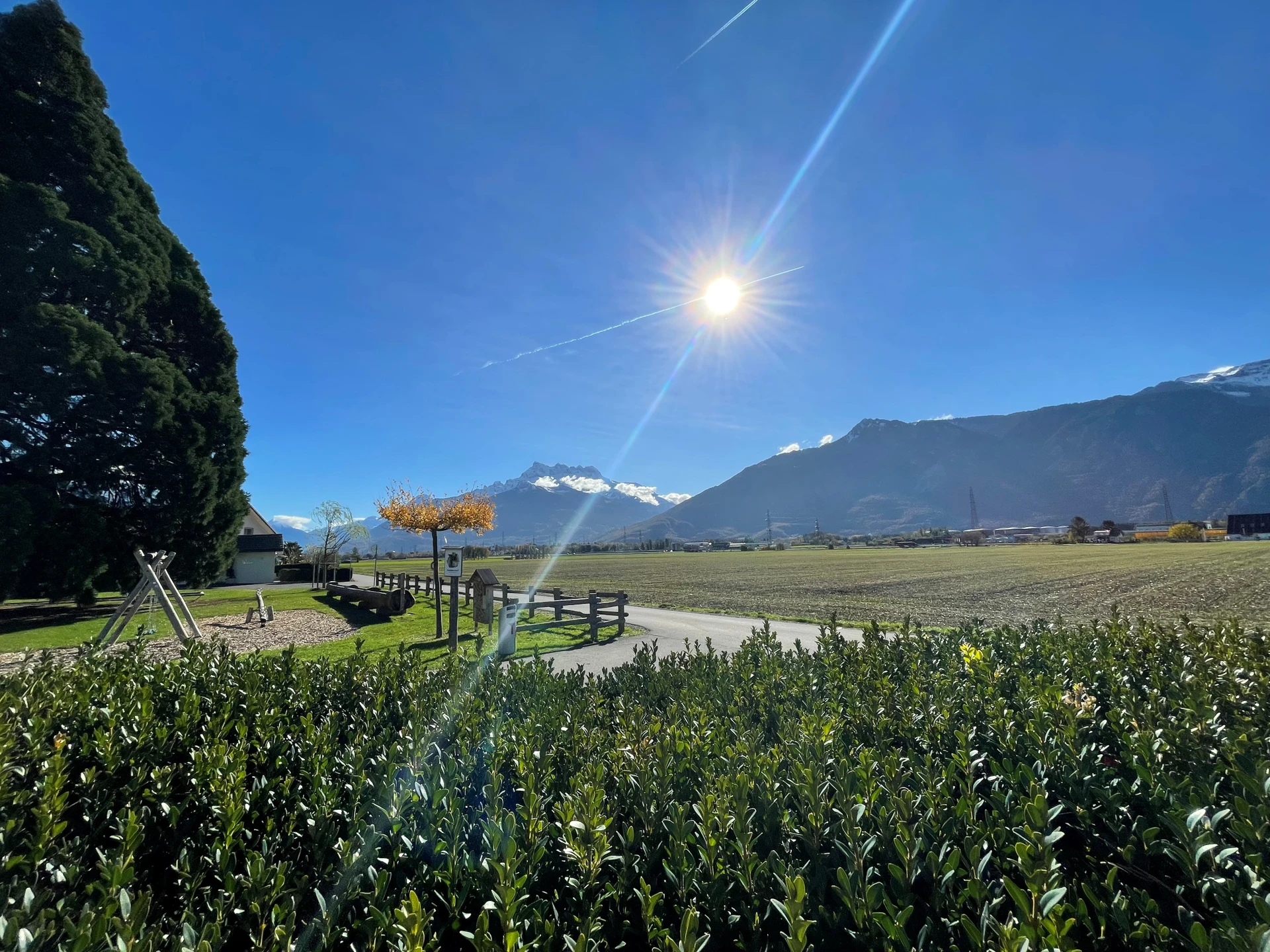 Landschaft mit Bergblick und Feld