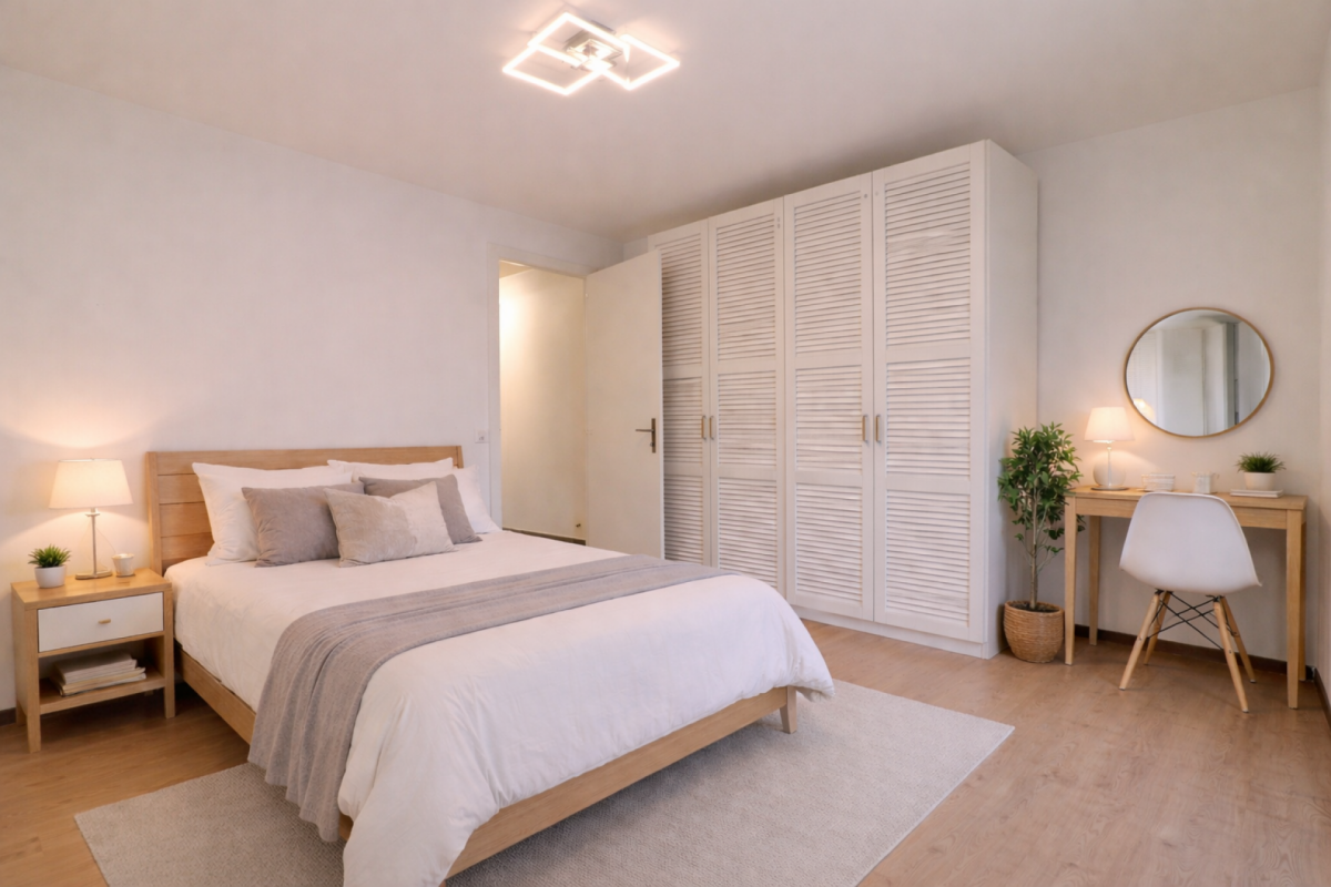 Helles Schlafzimmer mit Naturholz und Weiß