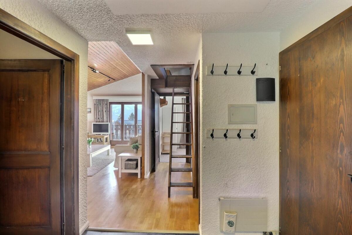 Eingangsbereich mit Blick ins Wohnzimmer und zur Leiter