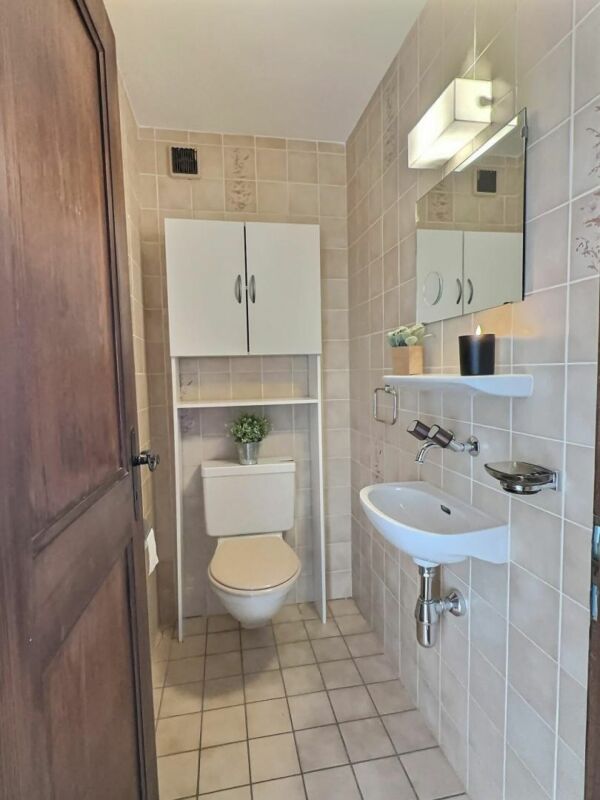 Kleines Gäste-WC mit Wand-Waschbecken und Spiegelschrank