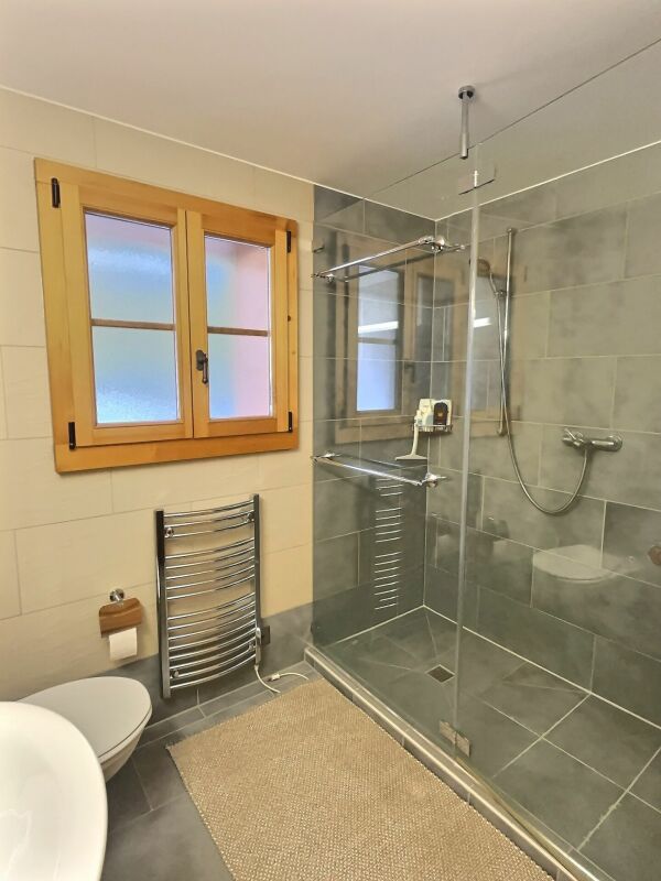 Modernes Badezimmer mit Dusche und Holzfenster