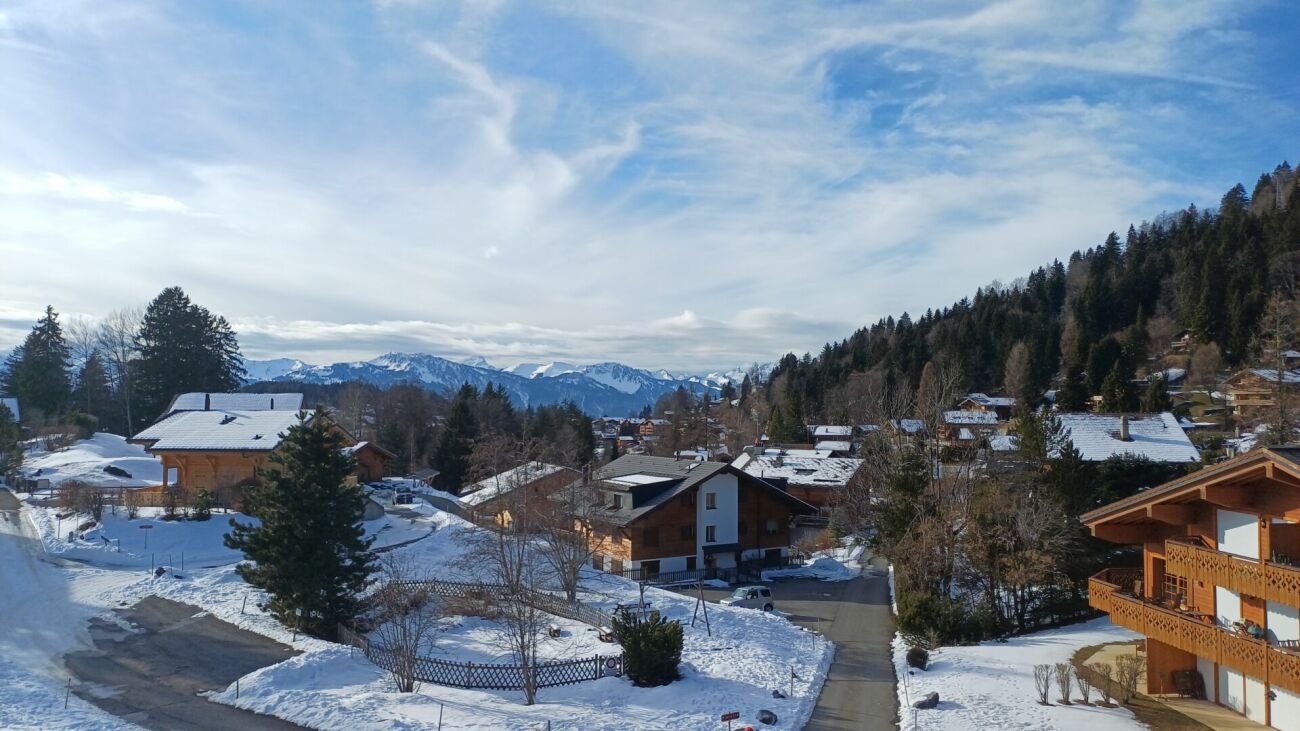 Schneebedecktes Alpen-Dorf mit Bergpanorama