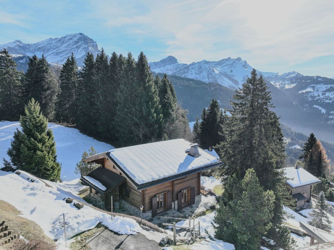 Bergchalet im Schnee mit Alpenpanorama
