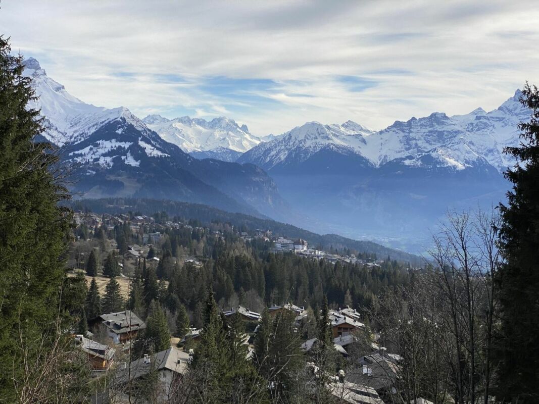 Bergpanorama mit verschneiten Gipfeln und Talblick