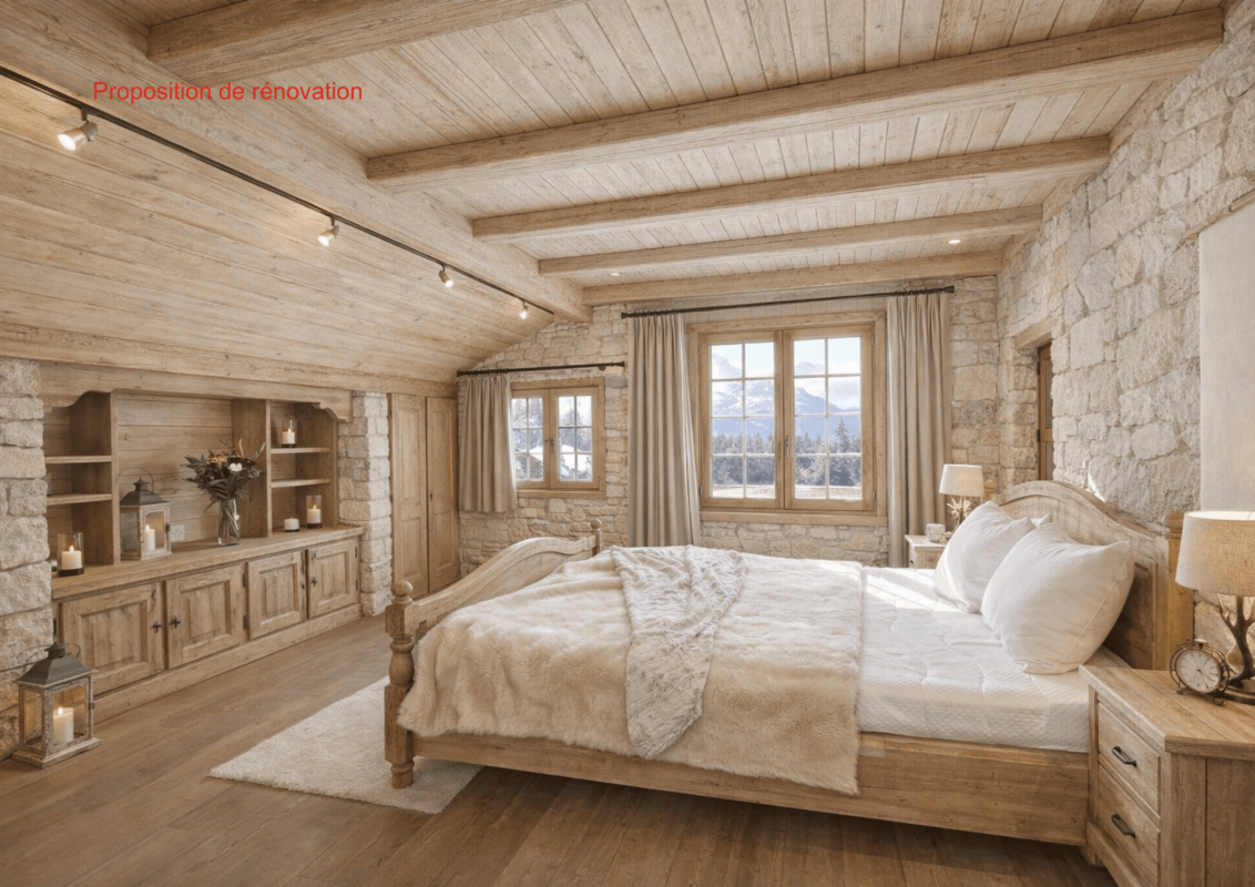Rustikales Schlafzimmer mit Bergblick