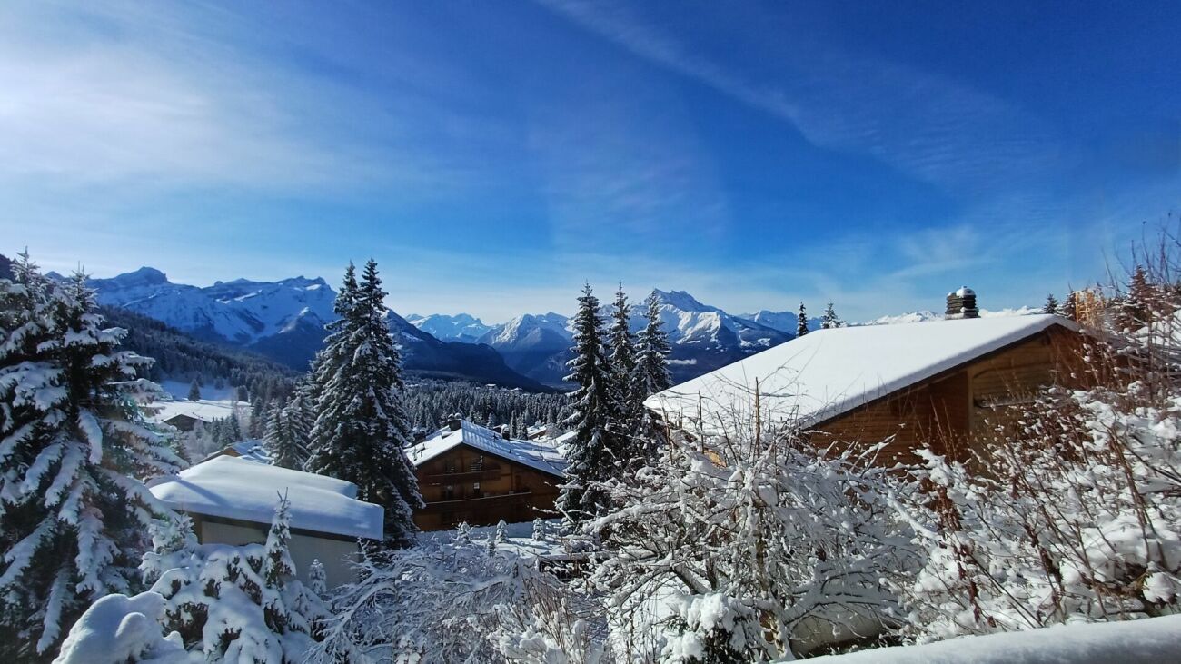 Schneebedeckte Chalets mit Bergpanorama