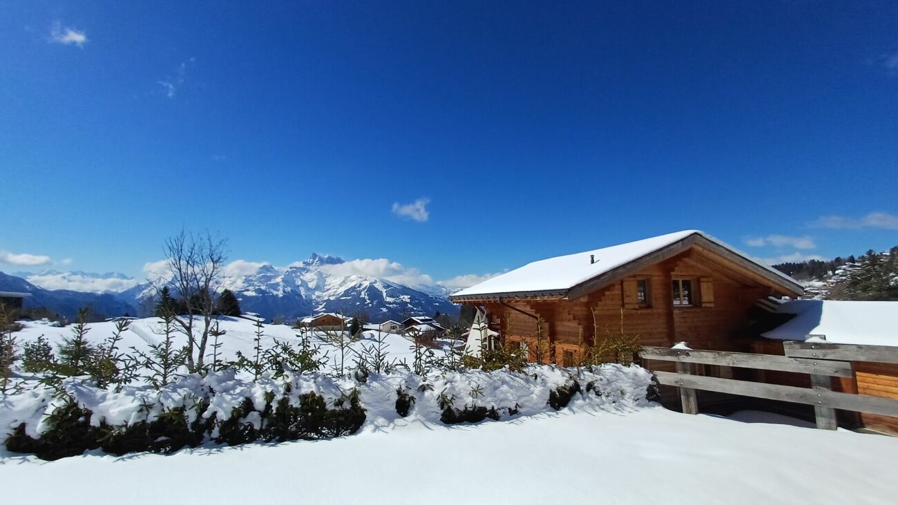Alpenchalet im Schnee mit Bergpanorama