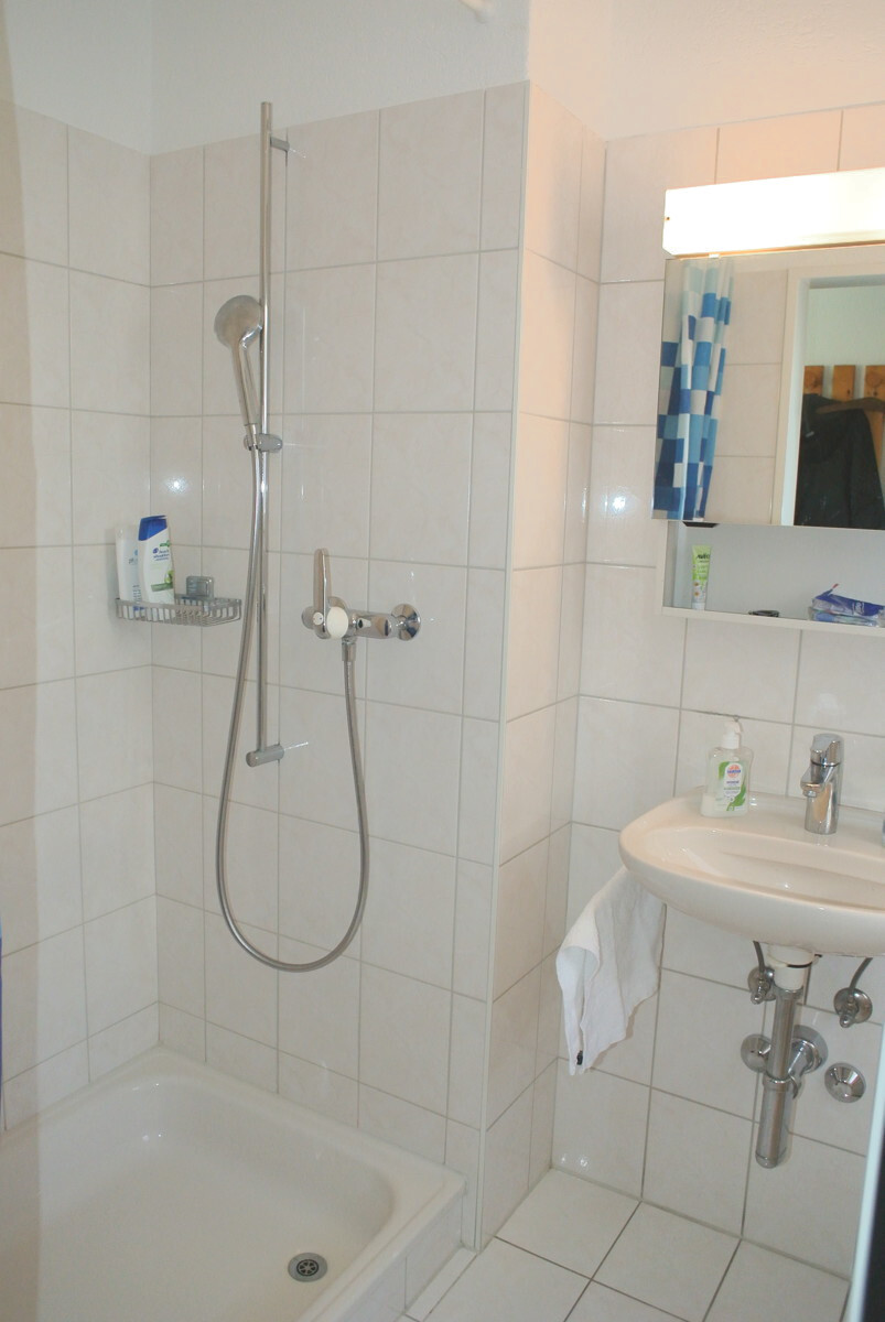 Kleines Badezimmer mit Dusche und Waschbecken