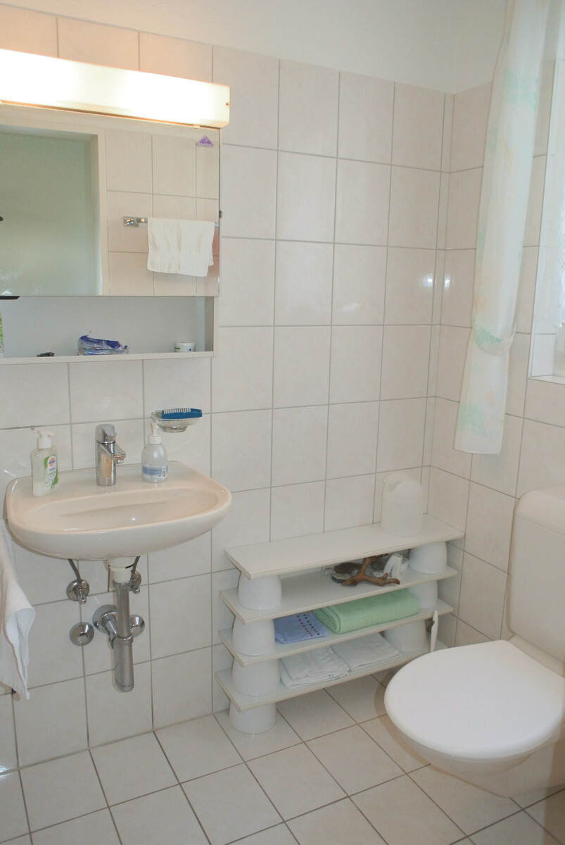Kleines helles Badezimmer mit WC und Waschbecken