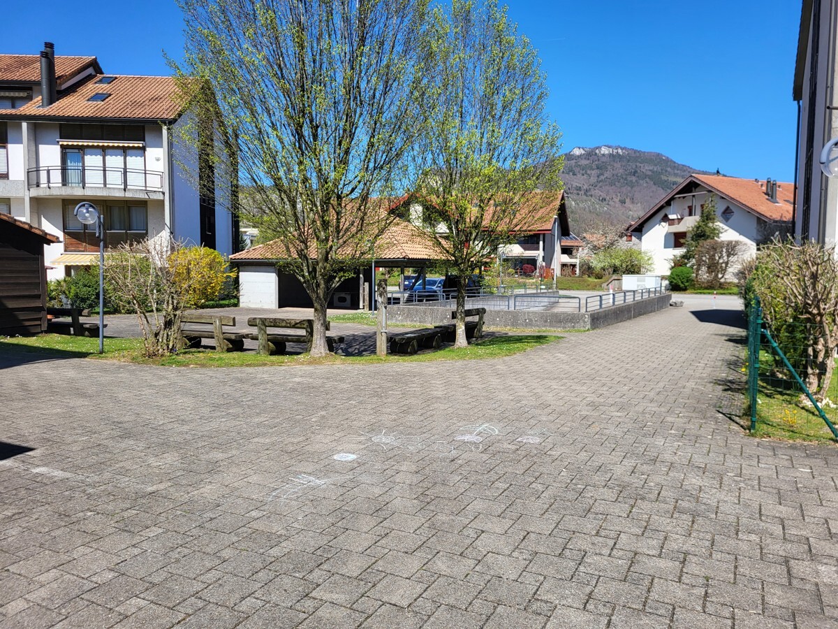 Außenbereich mit Wohnhäusern, Bäumen und Bergkulisse