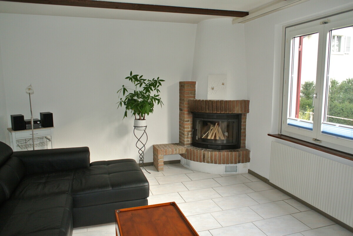 Wohnzimmer mit Kamin und Sofa
