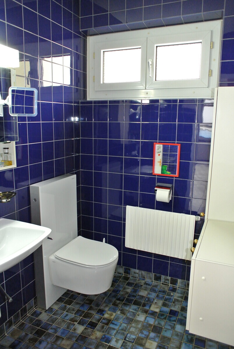 Kleines blau gefliestes Badezimmer mit WC und Fenster