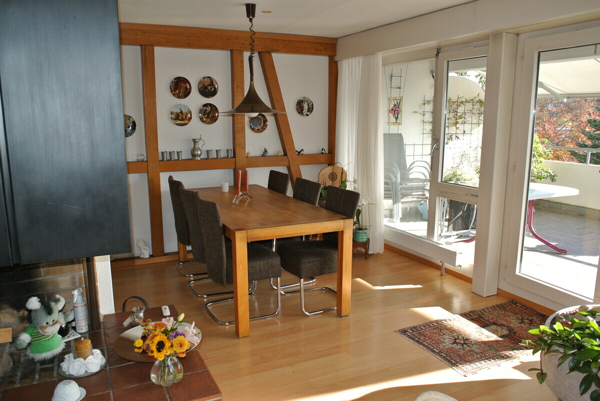 Esszimmer mit Kamin und Terrassenzugang