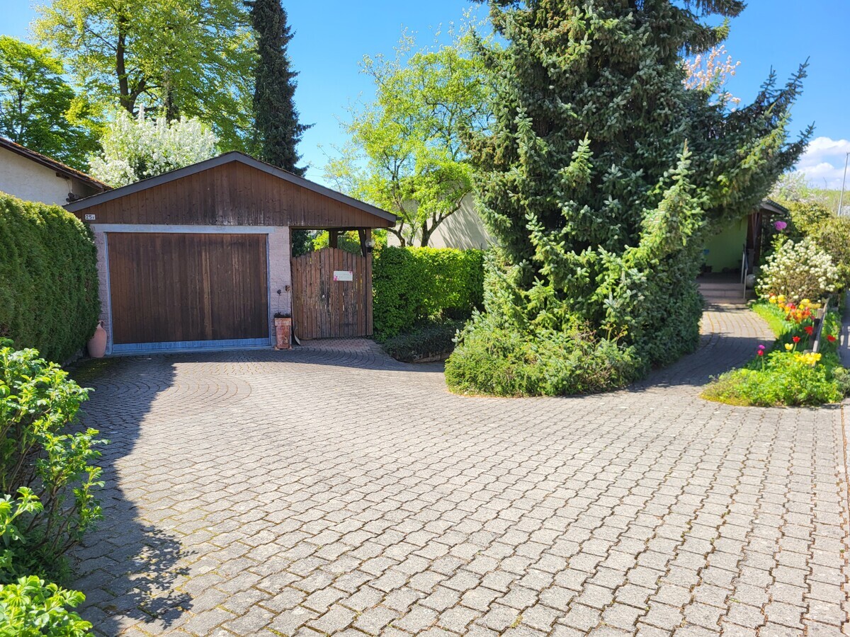 Zufahrt mit Garage und Garten