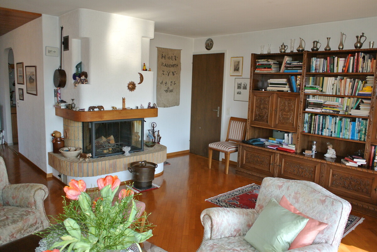 Wohnzimmer mit Kamin und Bücherregal