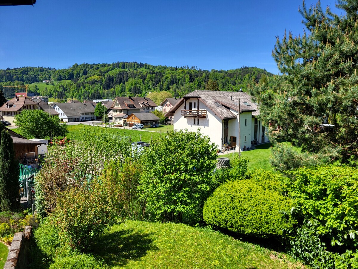 Gartenblick über Wohngebiet mit Bergkulisse
