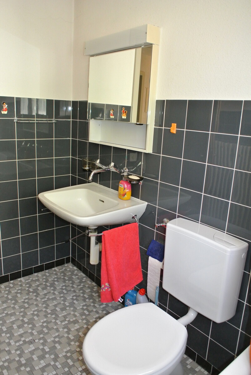 Kleines Gäste-WC mit dunklen Wandfliesen