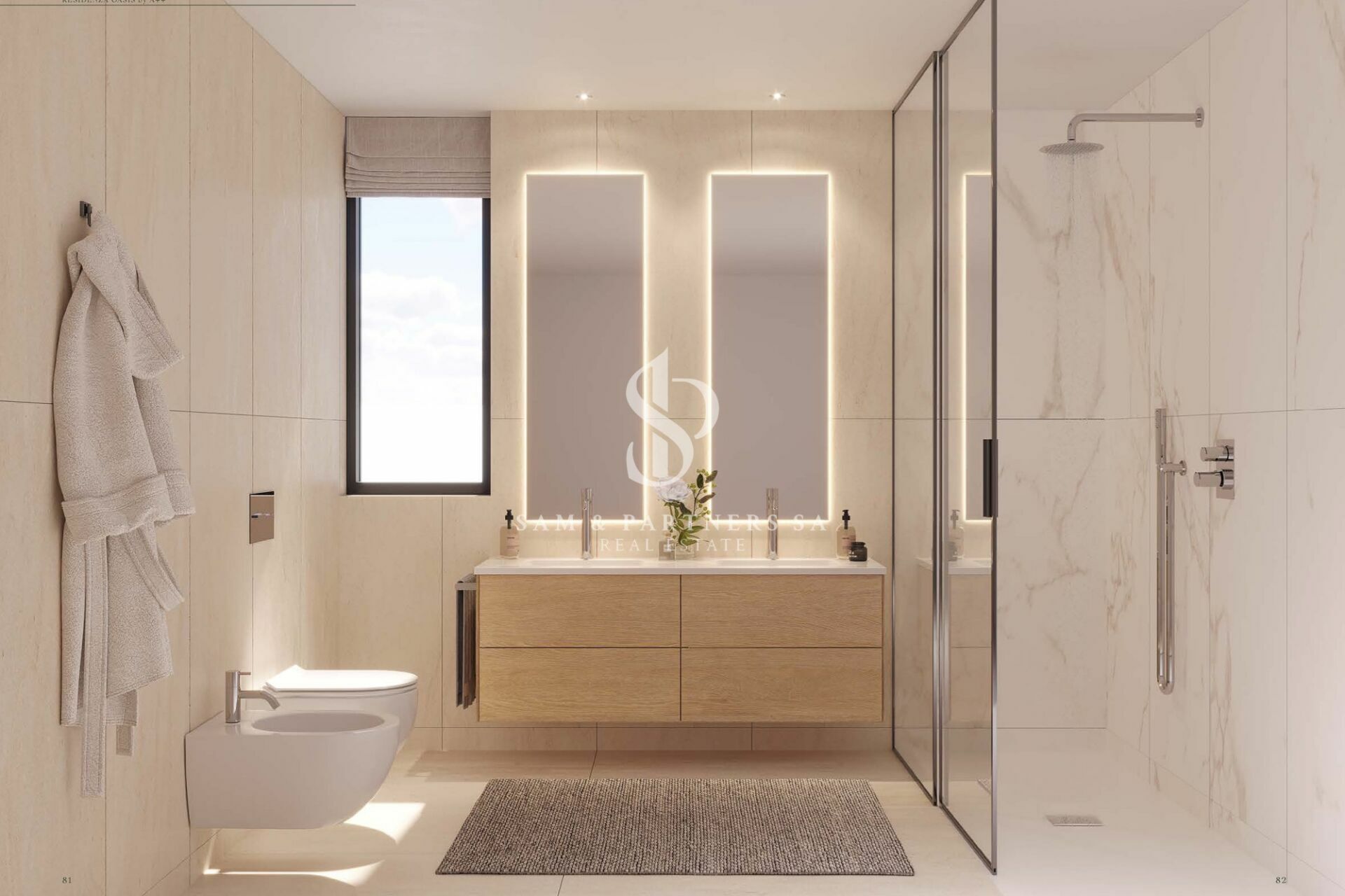 Modernes Bad mit Walk-in-Dusche und Doppelwaschtisch
