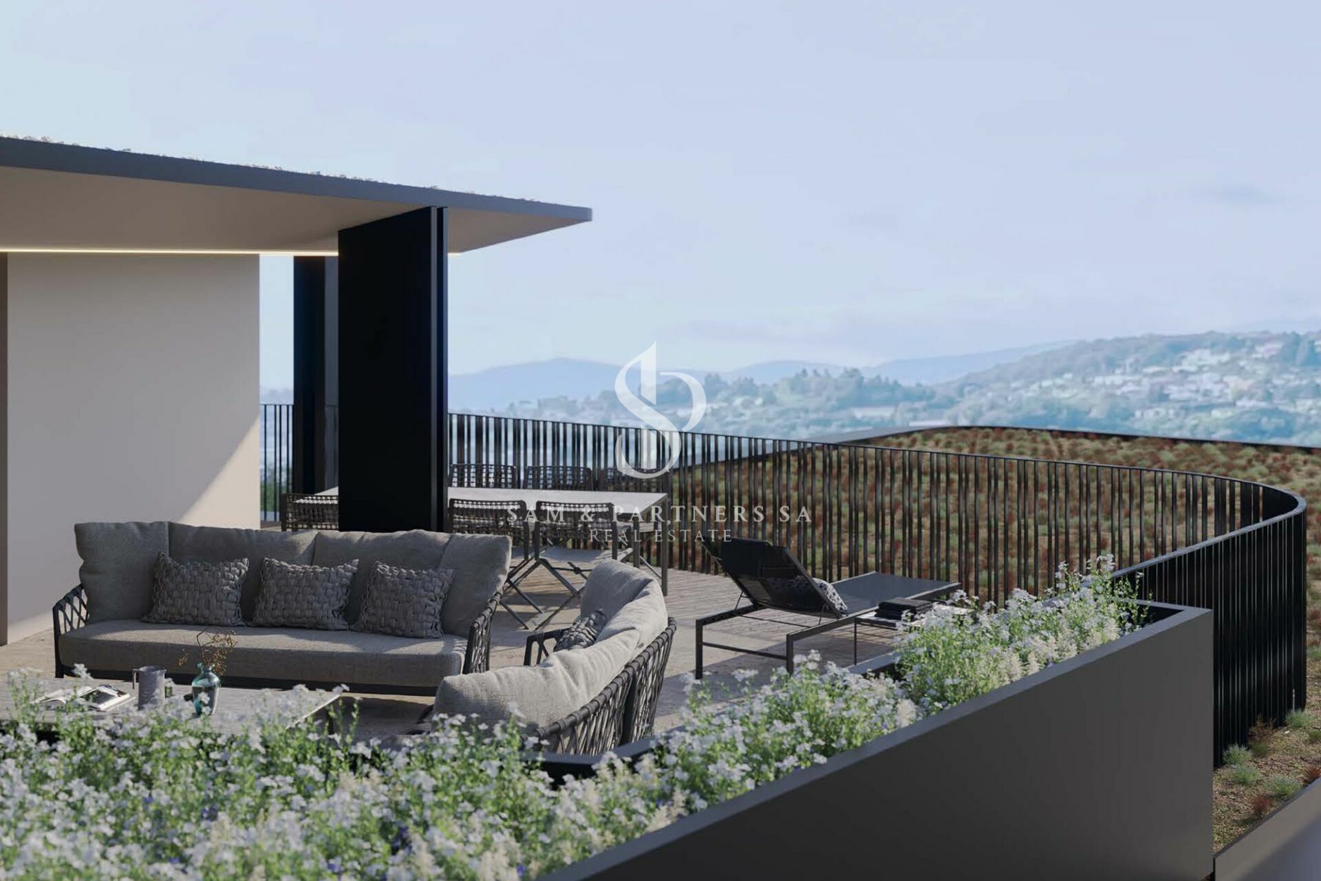 Moderne Dachterrasse mit Panoramablick