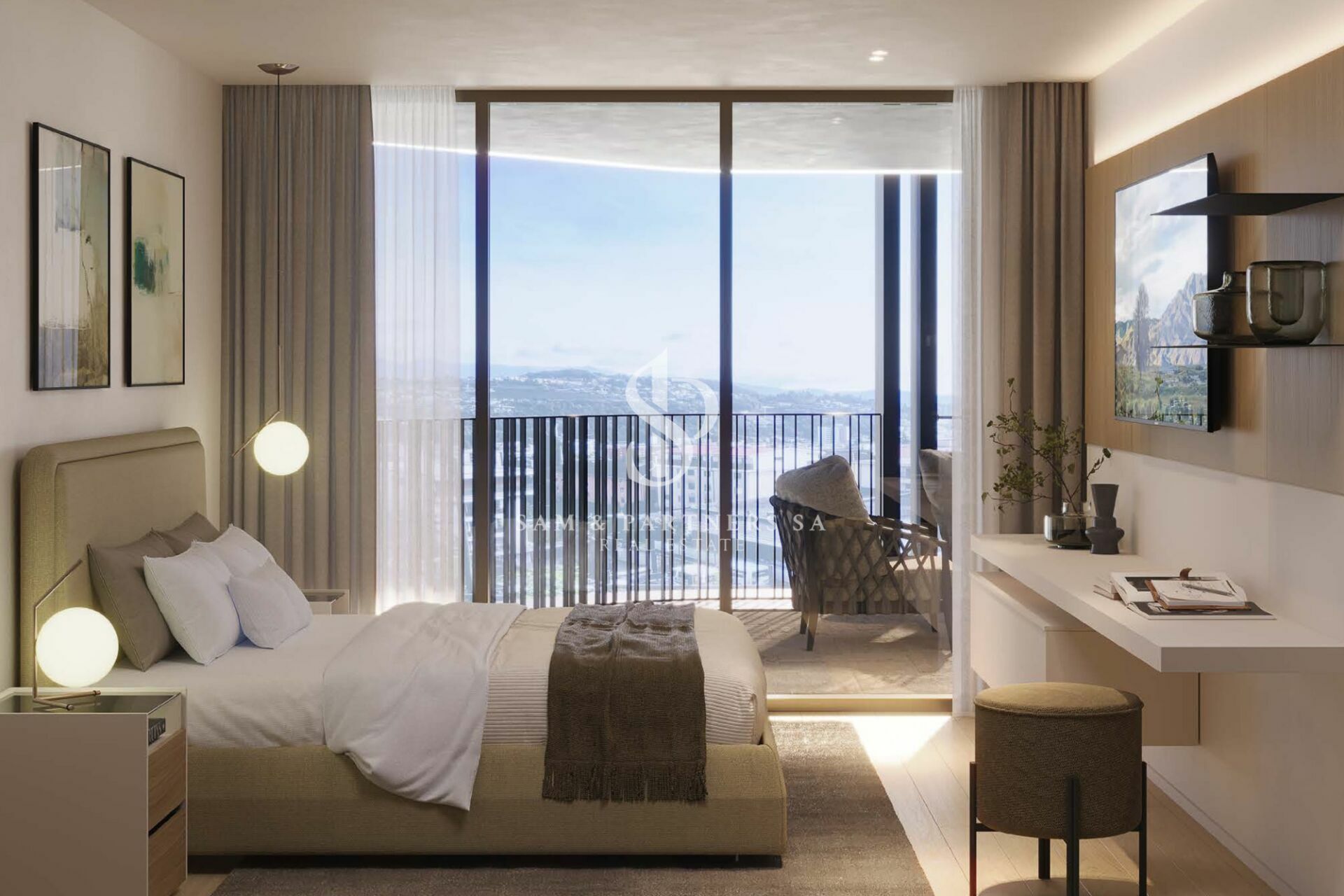 Modernes Schlafzimmer mit Balkonblick