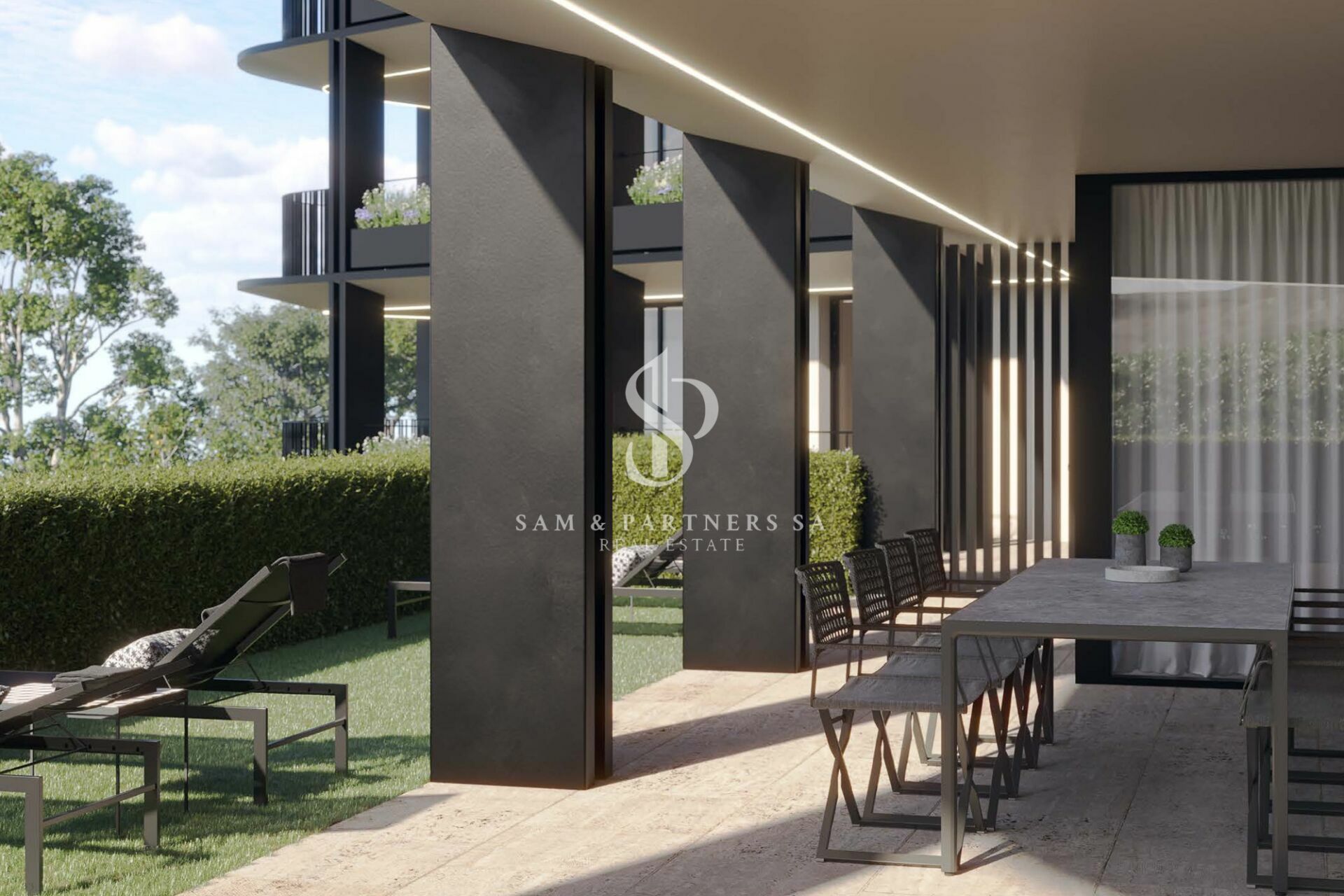 Moderne überdachte Terrasse mit Gartenblick