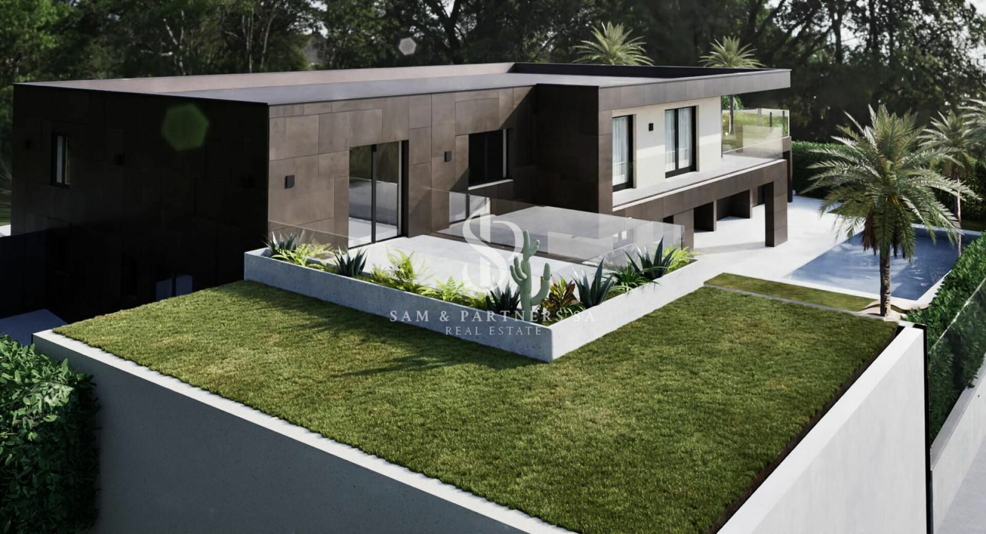 Modernes Flachdachhaus mit Terrasse und Garten