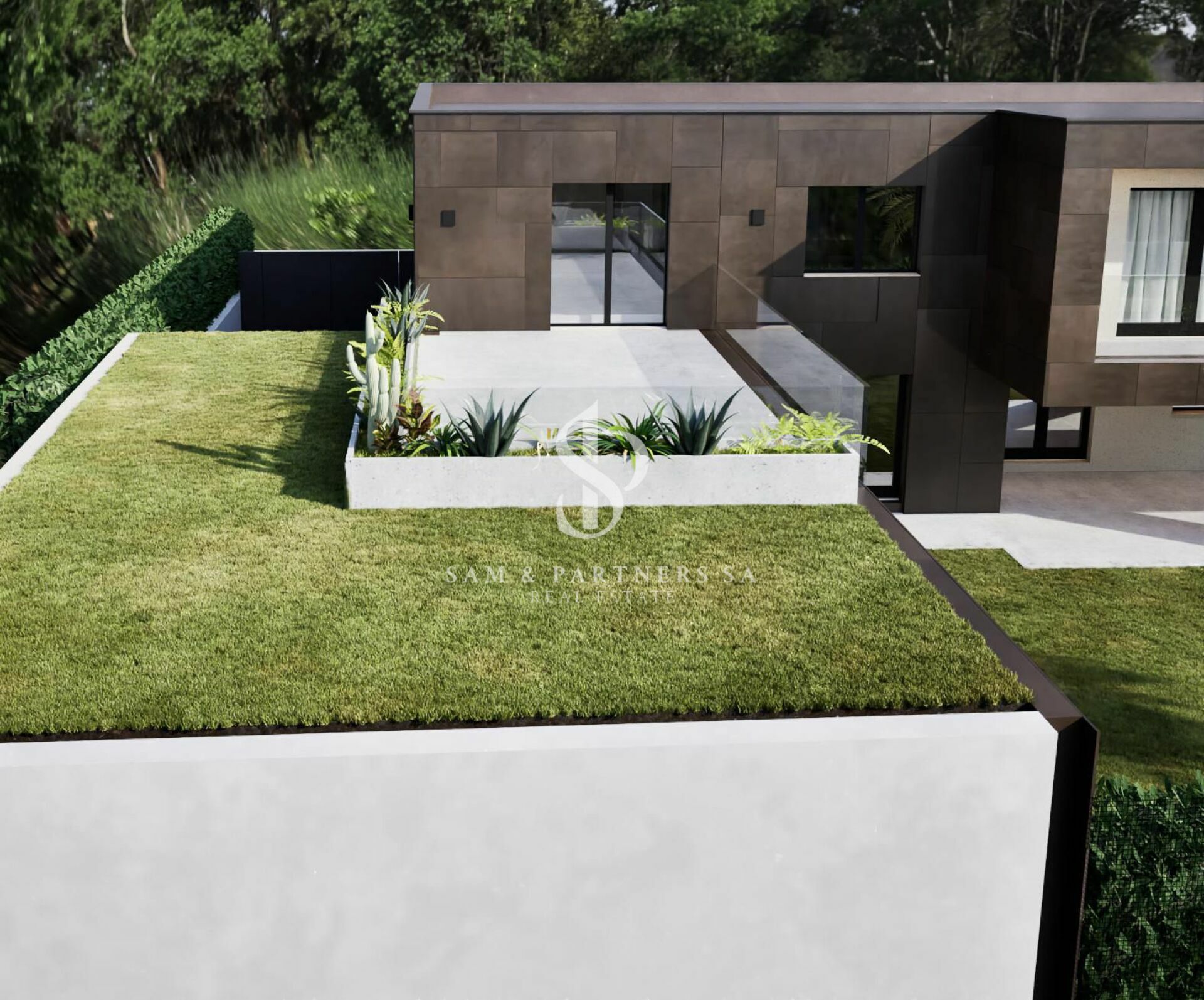 Moderne Außenansicht mit Dachterrasse und Garten