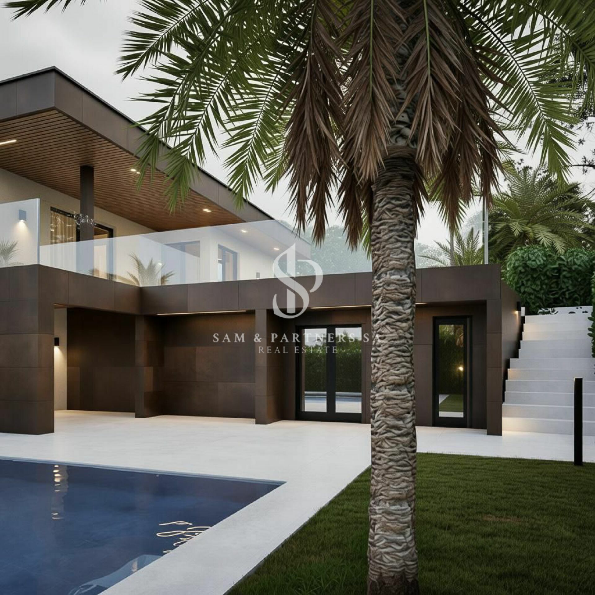 Moderne Außenansicht mit Pool und Palmen