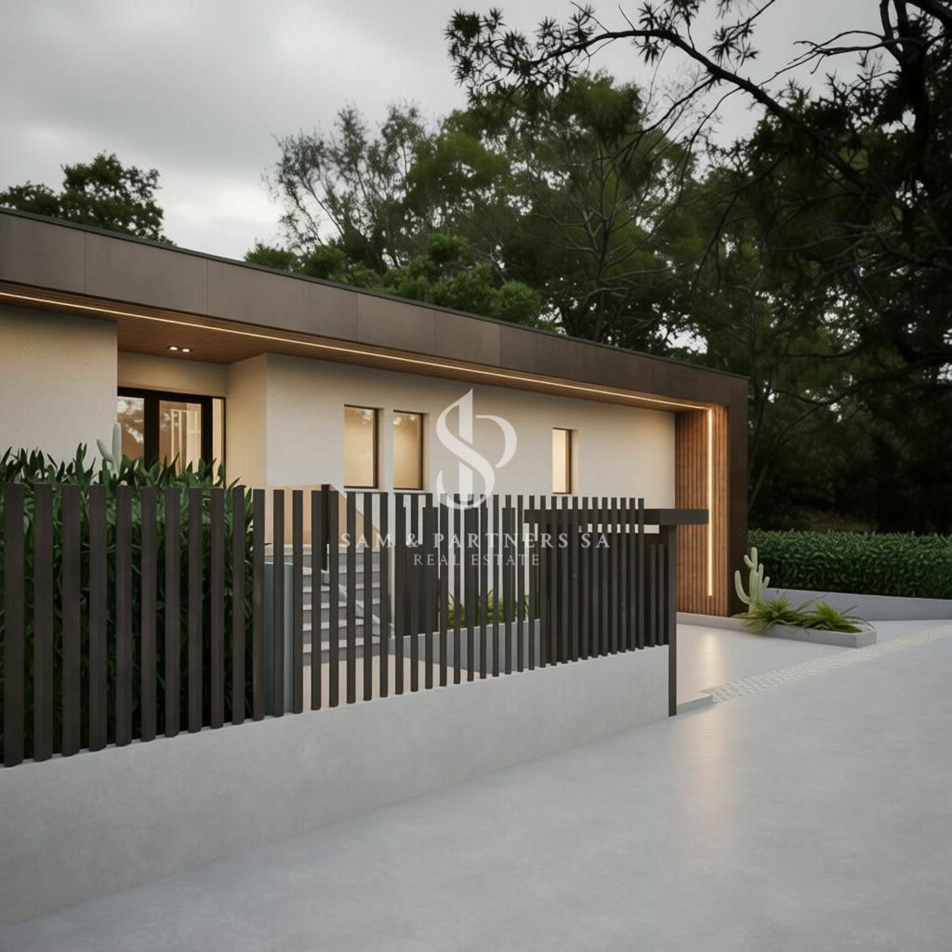 Modernes Flachdachhaus mit Gartenzaun
