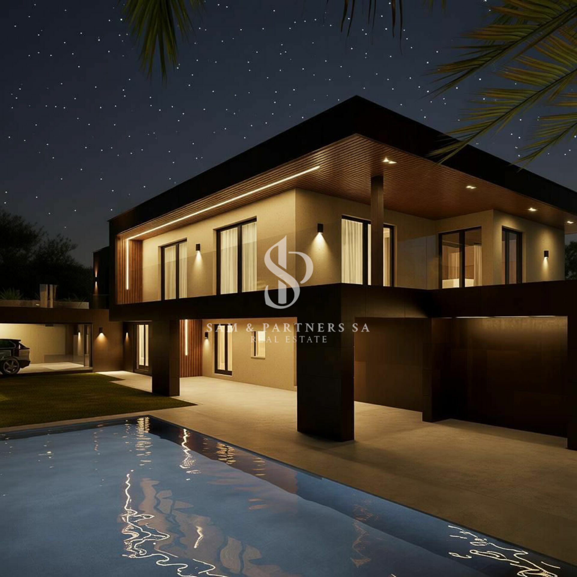 Moderne Villa bei Nacht mit Pool