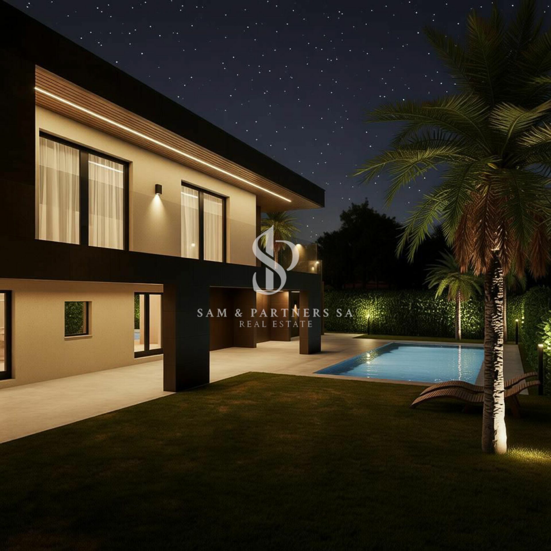 Moderne Villa mit Pool bei Nacht