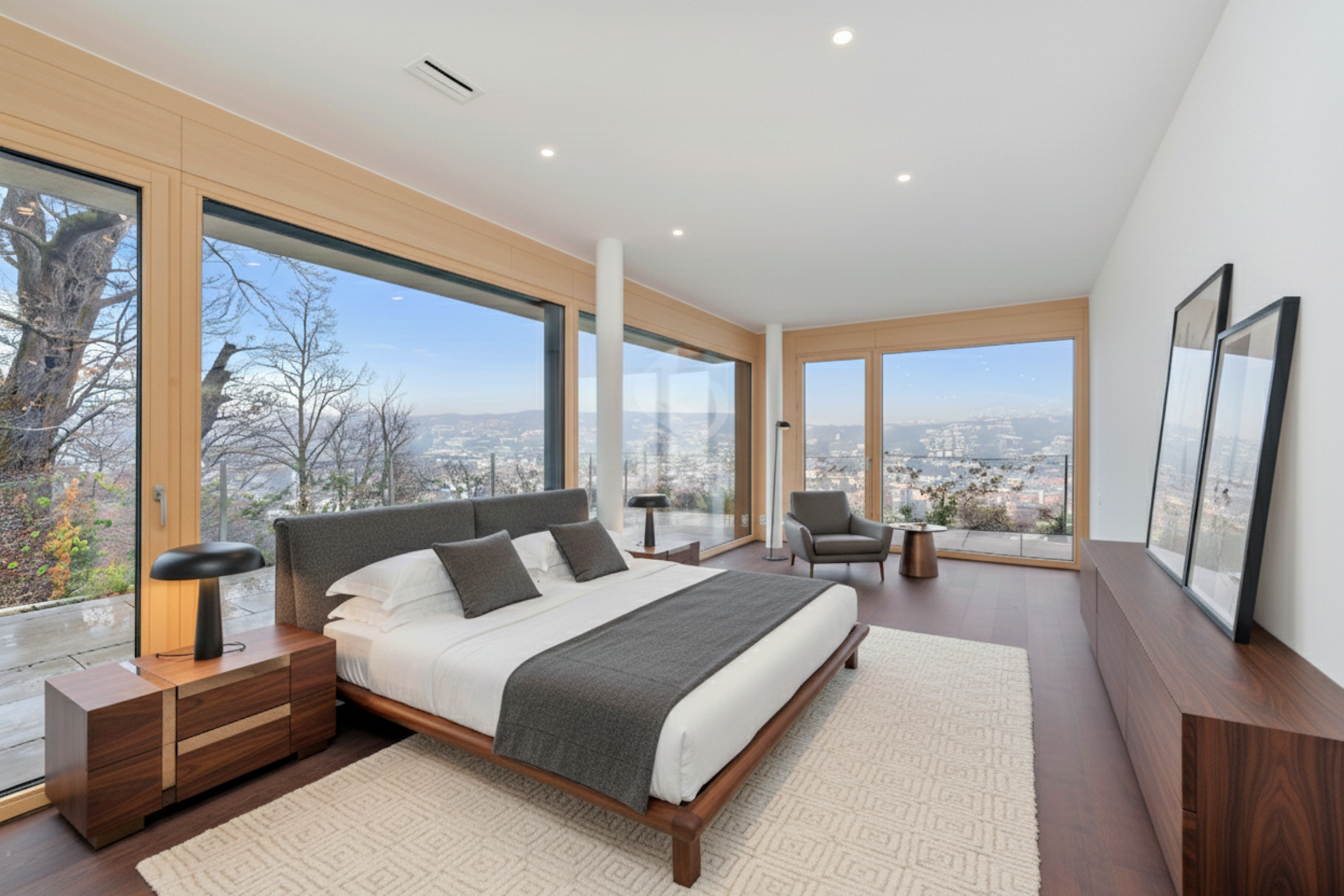 Modernes Schlafzimmer mit Panoramablick