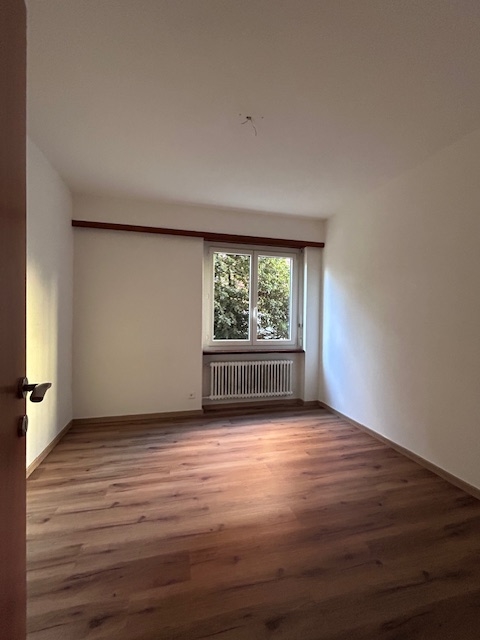 Leerer Wohnraum mit Fenster und Holzoptikboden