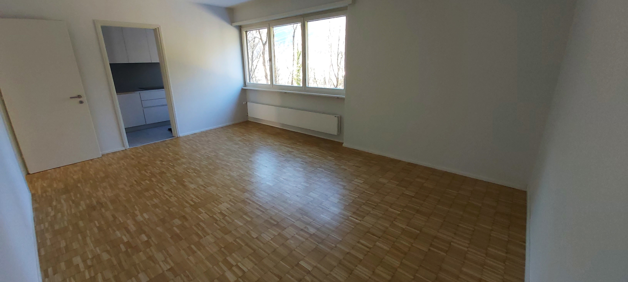 Leerer Wohnraum mit Parkett und Fensterfront