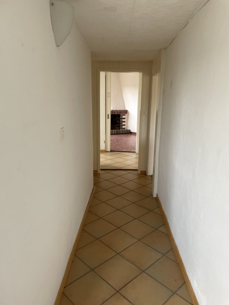 Schmaler Flur mit Blick in einen Raum mit Kamin