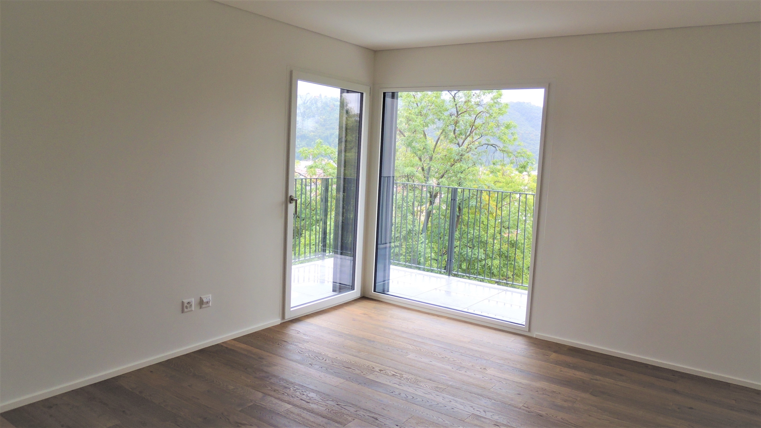 Heller leerer Raum mit Balkon und Blick ins Grüne
