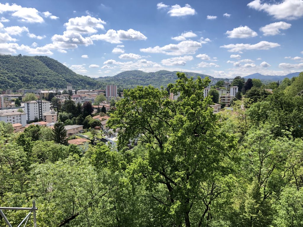 Stadt- und Bergblick über viel Grün
