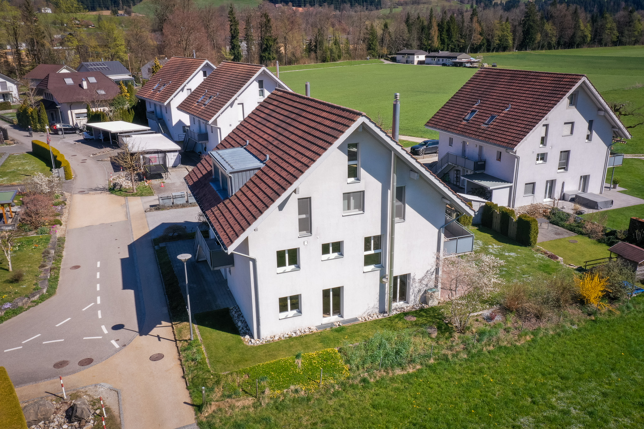 Luftaufnahme von Wohnhäusern in grüner Umgebung