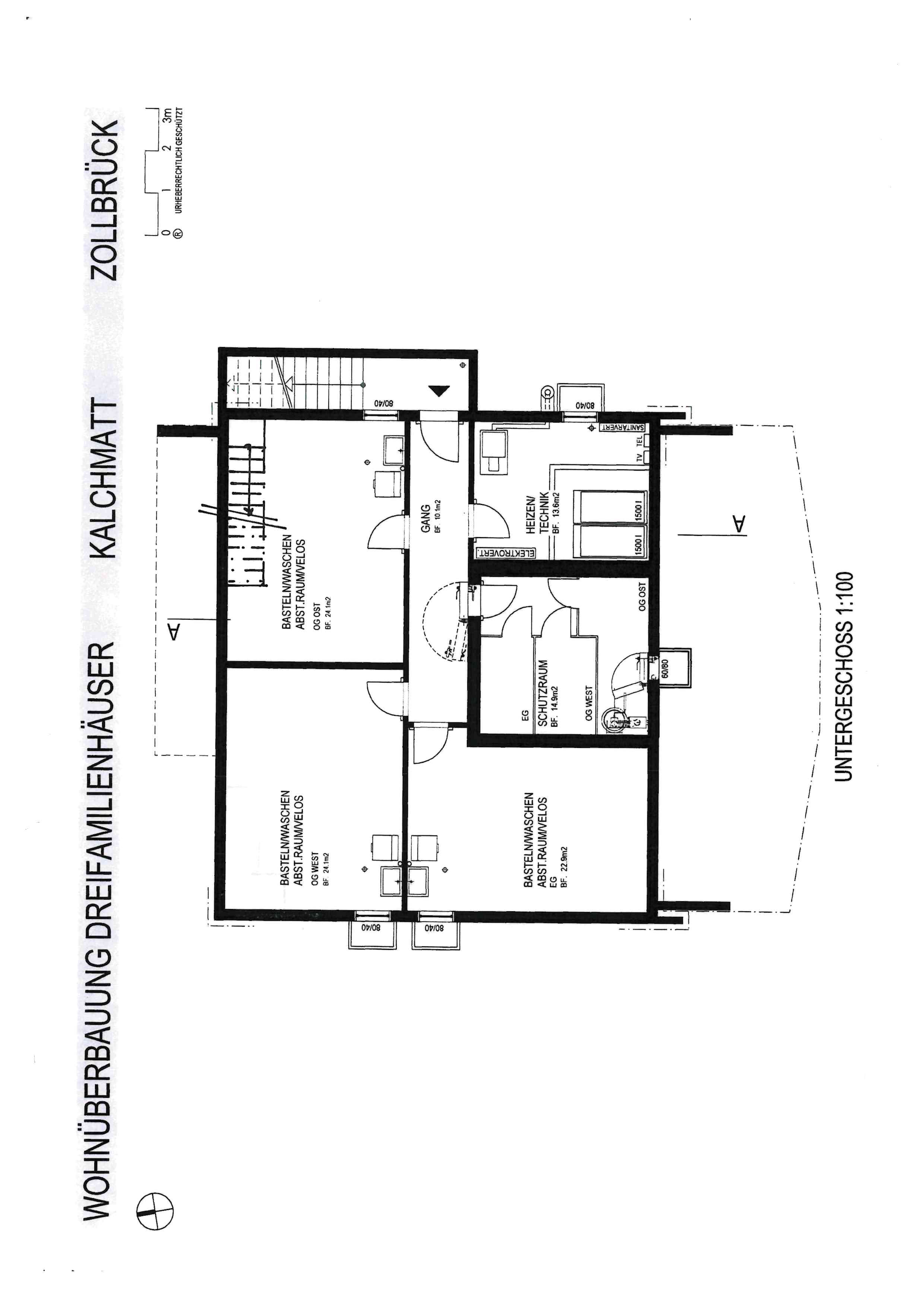 Untergeschoss-Grundriss einer Dreifamilienhaus-Anlage