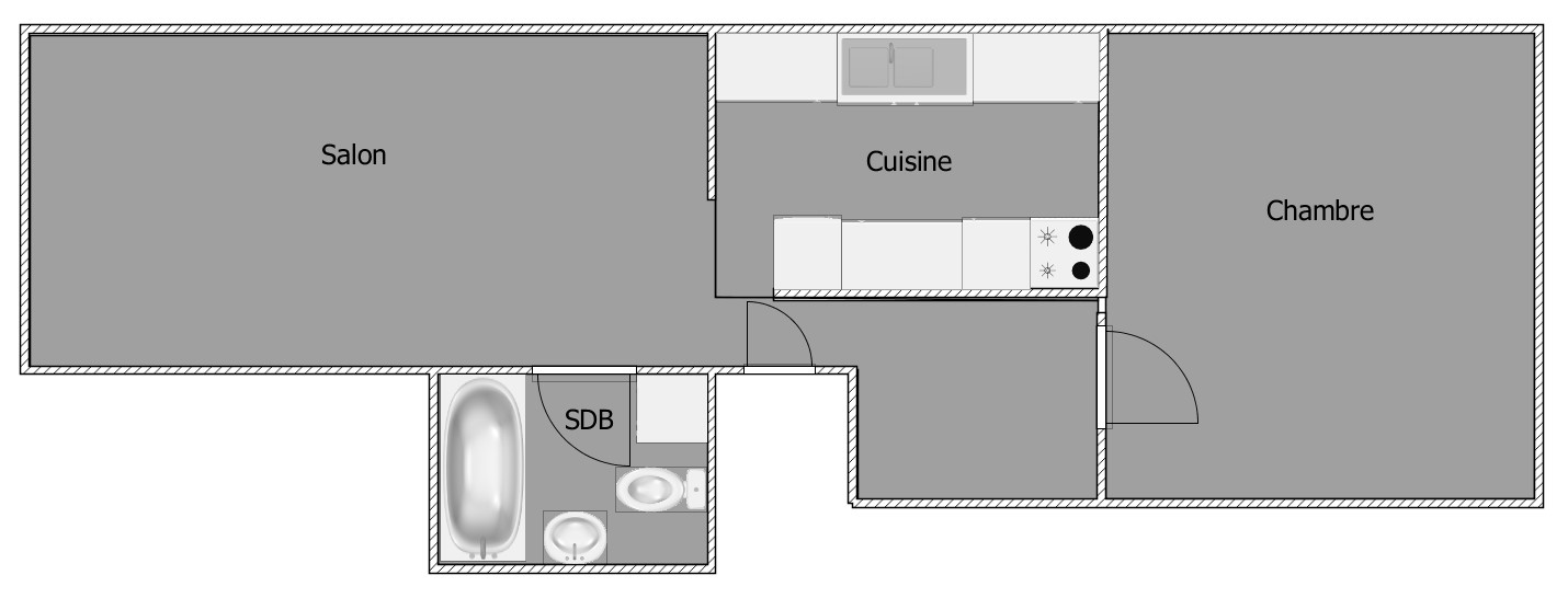 Grundriss mit Salon, Küche, Schlafzimmer und Bad