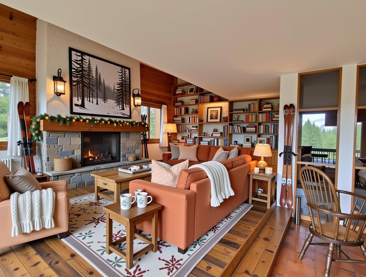 Gemütliches Wohnzimmer mit Kamin und Bergblick