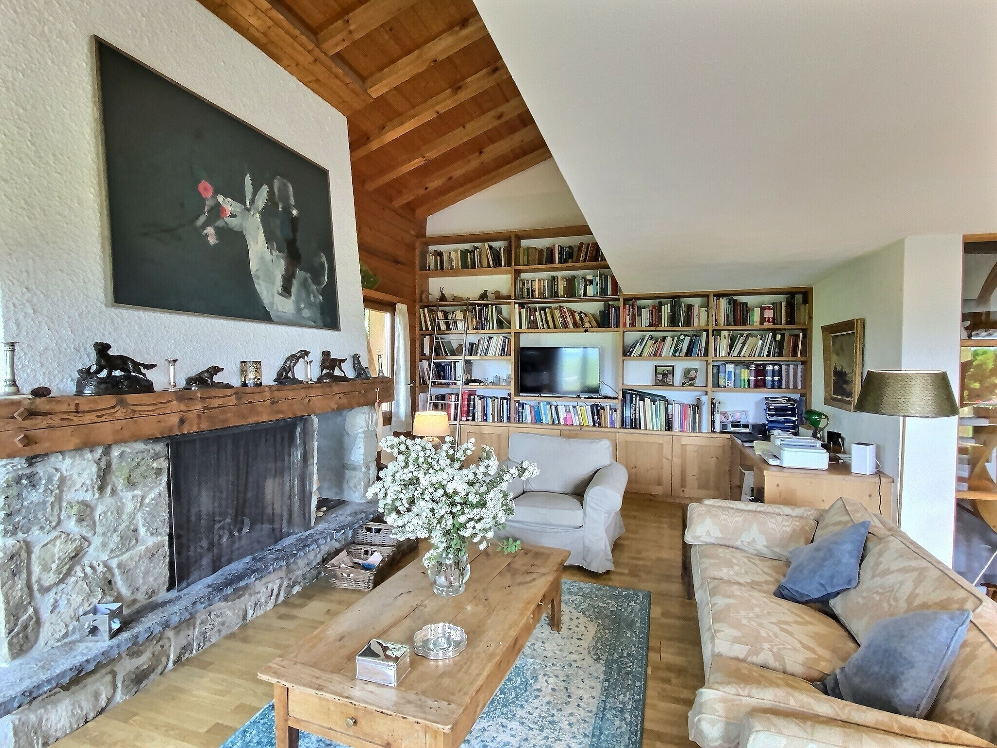 Wohnzimmer mit Kamin und Bücherwand